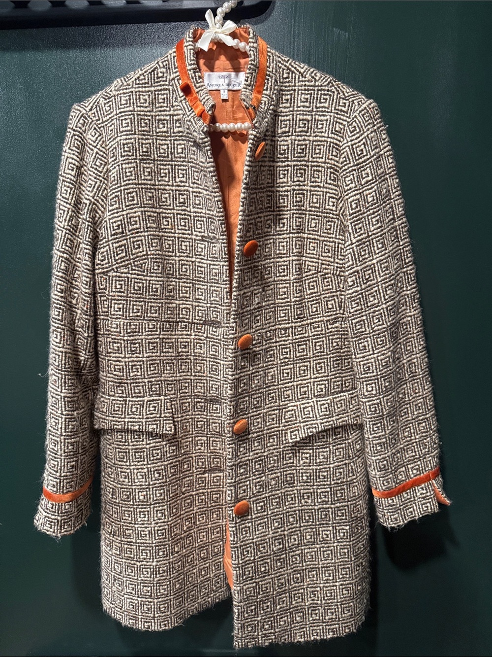 Geometric Tweed Button Jacket with Orange Trim